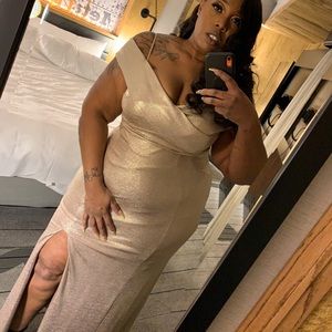 David’s Bridal Metallic off -shoulder dress